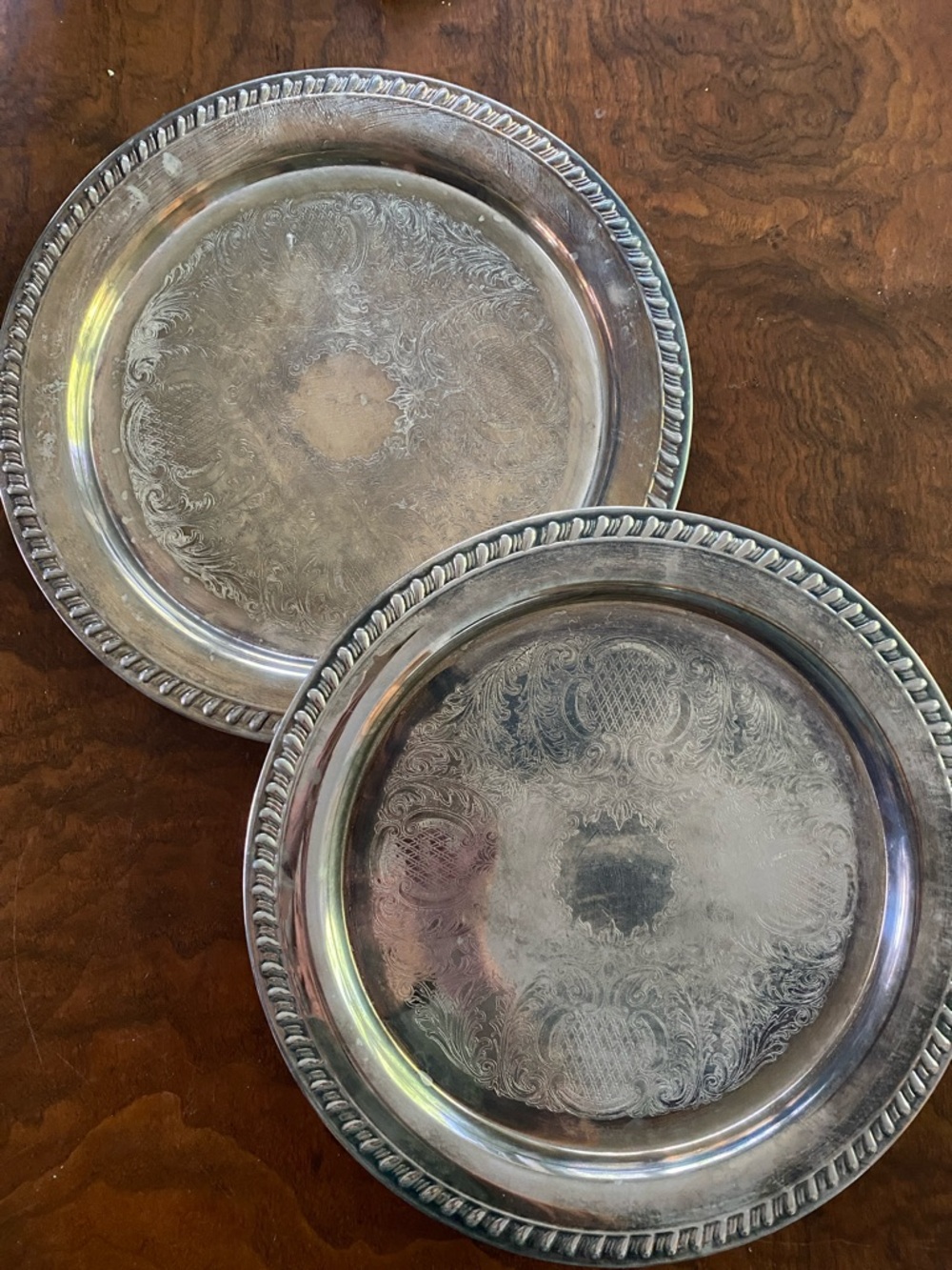 Pair of Vintage SIlver Trays 12 inch round platters Leonard E.P. Silverplate